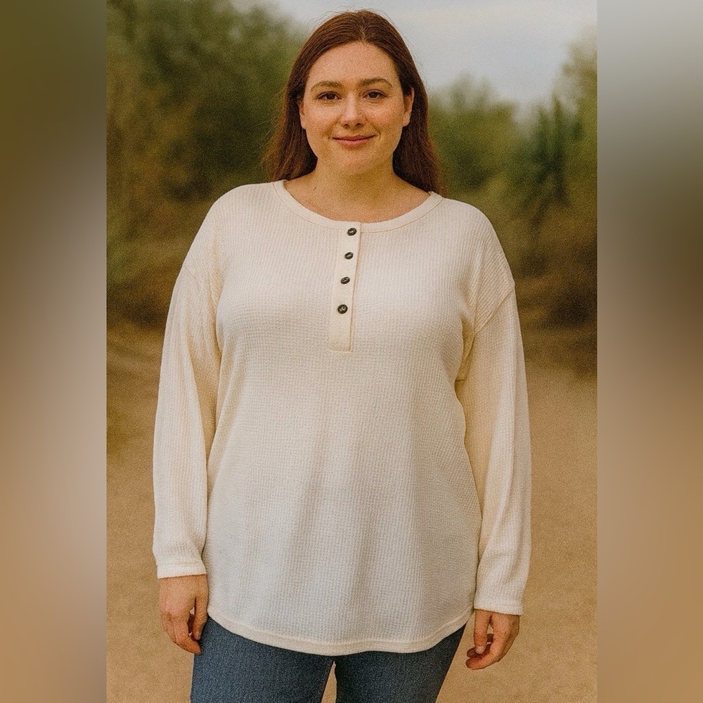 Womens Blouse‎ Top Size XL Ivory Long Sleeve Henley Casual Basic
